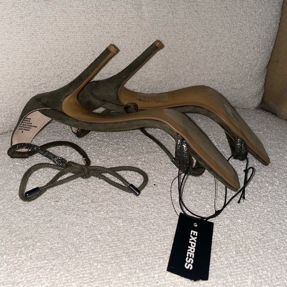 Express Suede and Crystal Strappy Sandal Heel in Olive - Picture 5 of 5